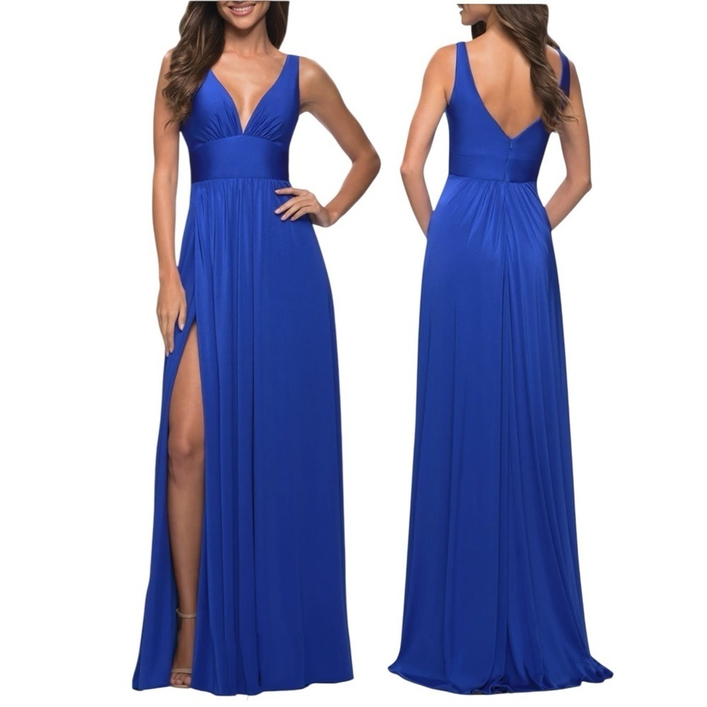 🌻NEW La Femme Blue Shimmery Pink Simply Timeless Empire Waist Gown Size 2